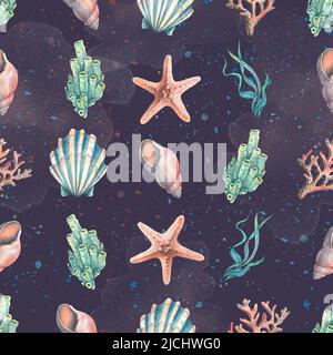 Aquarell Illustration Muster Seesterne, Muscheln, Korallen, Quallen, Seepferd, Wasser, Meer, Meer. Einfache kindliche Gentle Fabrics Textilien Tapete pa Stockfoto