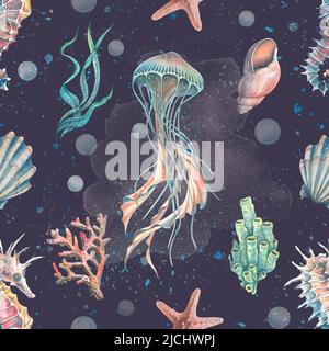Aquarell Illustration Muster Seesterne, Muscheln, Korallen, Quallen, Seepferd, Wasser, Meer, Meer. Einfache kindliche Gentle Fabrics Textilien Tapete pa Stockfoto