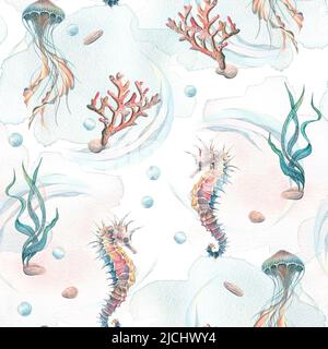 Aquarell Illustration Muster Seesterne, Muscheln, Korallen, Quallen, Seepferd, Wasser, Meer, Meer. Einfache kindliche Gentle Fabrics Textilien Tapete pa Stockfoto