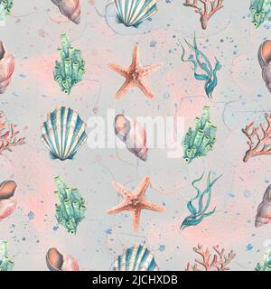 Aquarell Illustration Muster Seesterne, Muscheln, Korallen, Quallen, Seepferd, Wasser, Meer, Meer. Einfache kindliche Gentle Fabrics Textilien Tapete pa Stockfoto