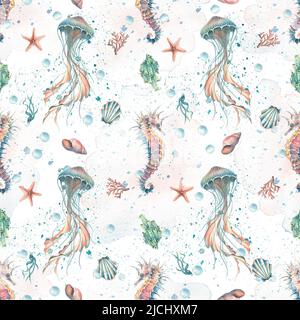 Aquarell Illustration Muster Seesterne, Muscheln, Korallen, Quallen, Seepferd, Wasser, Meer, Meer. Einfache kindliche Gentle Fabrics Textilien Tapete pa Stockfoto