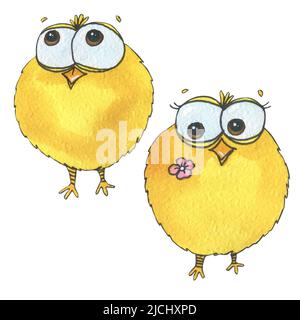 Aquarell-Illustration des glücklichen Ostertages. Eine Reihe von Einzelbildern. Eier, Federn, Blätter, Tulpen, Zweige, weide, Hühner, Kaninchen, Schmetterling, Stockfoto