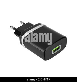 Netzteil für Tablet-PC, schwarz, isoliert auf weißem Hintergrund Stockfoto