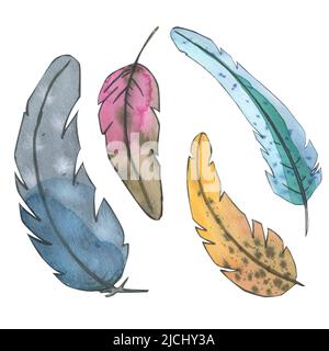 Aquarell-Illustration des glücklichen Ostertages. Eine Reihe von Einzelbildern. Eier, Federn, Blätter, Tulpen, Zweige, weide, Hühner, Kaninchen, Schmetterling, Stockfoto