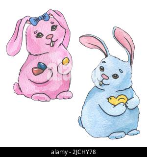 Aquarell-Illustration des glücklichen Ostertages. Eine Reihe von Einzelbildern. Eier, Federn, Blätter, Tulpen, Zweige, weide, Hühner, Kaninchen, Schmetterling, Stockfoto