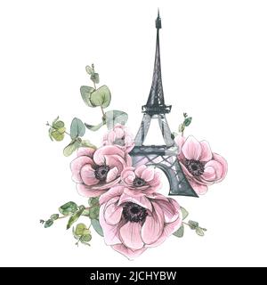 Eiffelturm mit Anemonen und Eukalyptus. Aquarell-Illustration aus einem großen Satz von PARIS, im Stil einer Skizze, mit grafischen Elementen. Für die Stockfoto