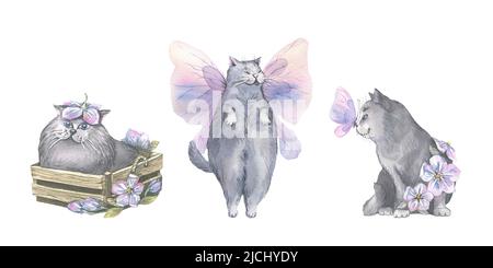 Aquarell-Illustration zartrosa-lila Schmetterlinge und niedliche, graue Katzen. Luftig, leicht, sanft. Für Bannerdesign, Postkarten, Kleidung, Design, p Stockfoto