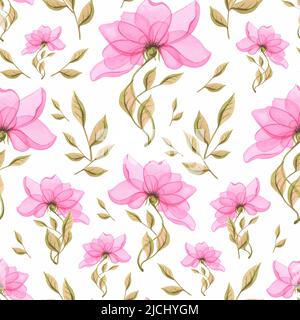 Stilisierte Blume, zart, rosa mit grünen Blättern. Nahtloses Muster, auf weißem Hintergrund, Frühling, leicht, einfach. Aquarell. Für Stoff, Textilien wa Stockfoto
