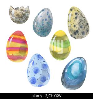 Aquarell-Illustration des glücklichen Ostertages. Eine Reihe von Einzelbildern. Eier, Federn, Blätter, Tulpen, Zweige, weide, Hühner, Kaninchen, Schmetterling, Stockfoto
