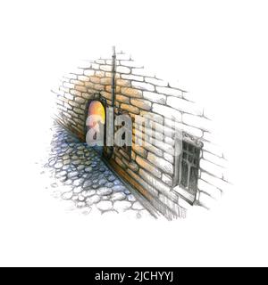 Buntstift-Illustration einer alten Stadtstraße mit einem Bogen. Geheimnisvolle und mystische Nachtstadt. Grafische Zeichnung Stockfoto