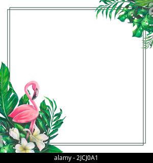 Aquarell-Illustration eines rosa Flamingos mit tropischen Blättern. Ein heller, saftiger Rahmen. Mit Blättern von Palmen und anderen exotischen Pflanzen. Für Ausdrucke, Stockfoto