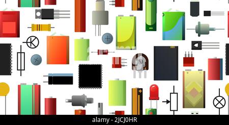 Batterieenergiequelle und Funkkomponenten. Stromspeicher. Galvanische Zelle. Elektrolytische Dissoziation. Nahtloses Muster. Isoliert auf weißem Bac Stock Vektor