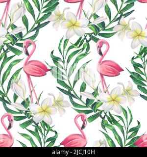 Rosafarbener Flamingo mit Plumeria-Blüten und Palmblättern. Aquarell-Illustration, tropisch. Nahtloses Muster. Zur Dekoration und Gestaltung von Stoffen, Drucken Stockfoto
