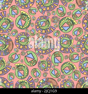 Abstrakte Spiralschalen, geometrische Formen. Kreise. Quadrate, Dreiecke. Bunte Locken gezeichnet mit Buntstiften. Nahtloses Muster. Für Textilien Stockfoto