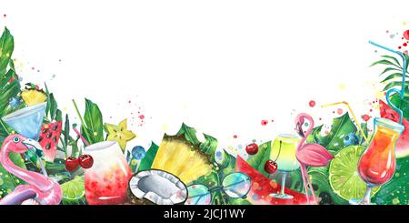 Horizontale Tafel mit tropischen, Strandcocktails, Früchten, Beeren und Palmblättern. Helle, saftige, Aquarell-Illustration. Ein Rahmen für das Design und Stockfoto