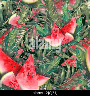 Wassermelonenscheiben in tropischen Palmblättern. Köstlich, saftig, Aquarell Illustration. Nahtloses Muster. Für Stoff, Textilien, Tapeten, Cover, Papier Stockfoto
