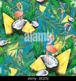 Tropisches nahtloses Muster mit Ananasscheiben, Kokosnuss, rosa Flamingo und Blättern tropischer Pflanzen auf blauem Hintergrund. Hell, Aquarell Stockfoto