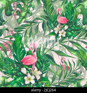 Aquarell-Illustration eines rosa Flamingos mit tropischen Blättern. Nahtloses Muster. Mit Blättern von Palmen und anderen exotischen Pflanzen. Für Abzüge Stockfoto