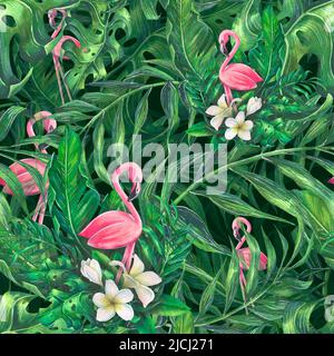 Aquarell-Illustration eines rosa Flamingos mit tropischen Blättern. Nahtloses Muster. Mit Blättern von Palmen und anderen exotischen Pflanzen. Für Abzüge Stockfoto