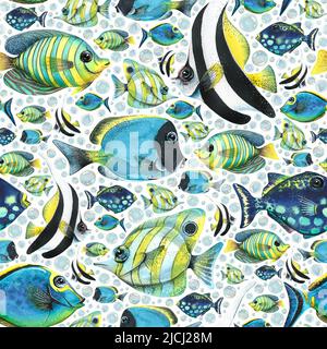 Farbenfrohe, helle, tropische Fische aus Korallenriffen. Licht, Aquarell, Strand, nahtloses Muster. Mit Blasen. Für Textilien, Stoffe, Souvenirs Stockfoto