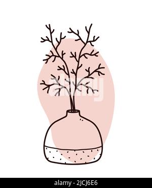 Abstraktes Blumendoodle mit farbiger organischer Form. Minimalistische Vase mit isolierten Ästen auf weißem Hintergrund. Handgezeichnete Vektorgrafik. Stock Vektor