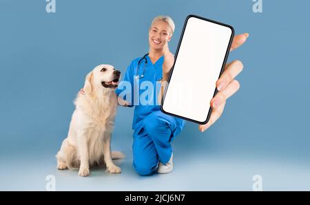 Werbung Für Veterinärdienste. Glücklich Weibliche Krankenschwester Mit Hund Zeigt Blank Smartphone Stockfoto