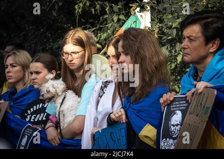 Sofia, Bulgarien, 13. Juni 2022: Die Frauen mit der riesigen ukrainischen Flagge und Plakaten zur Unterstützung der Ukraine stehen in einer Reihe gegenüber der russischen Botschaft i Stockfoto