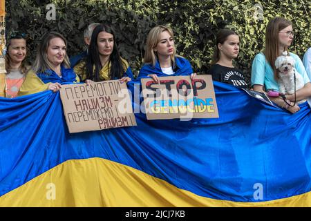 Sofia, Bulgarien, 13. Juni 2022: Die Menschen mit ukrainischer Flagge und Plakaten Stoppen Sie Henocide und Wir besiegten den Nationalsozialismus - Wir werden den Rashismus besiegen stehen Stockfoto