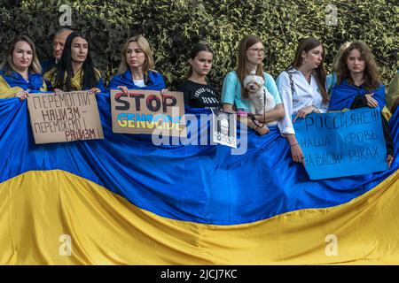 Sofia, Bulgarien, 13. Juni 2022: Die Menschen halten ukrainische Flagge und Plakate Stoppt den Henocide, Wir haben den Nazismus besiegt - Wir werden den Rashismus besiegen, Russisch Stockfoto