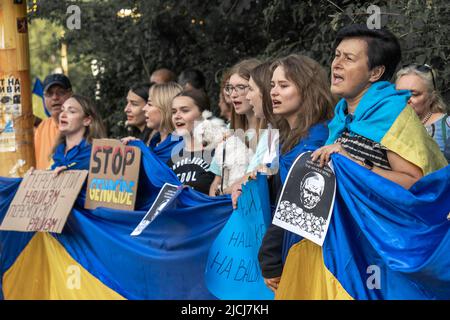 Sofia, Bulgarien, 13. Juni 2022: Die Menschen halten ukrainische Flagge und Plakate Stoppt den Henocide, Wir haben den Nazismus besiegt - Wir werden den Rashismus besiegen, Russisch Stockfoto