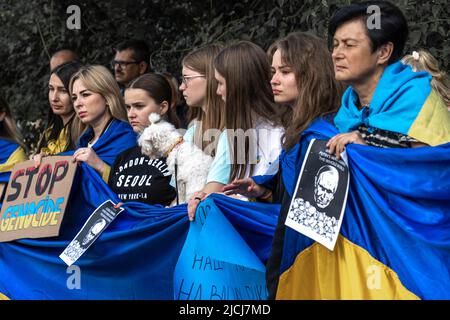 Sofia, Bulgarien, 13. Juni 2022: Das Volk hält ukrainische Flagge und Banner auf Stoppt den Henocide, Wir haben den Nazismus besiegt - Wir werden den Rashismus, die Russen besiegen Stockfoto