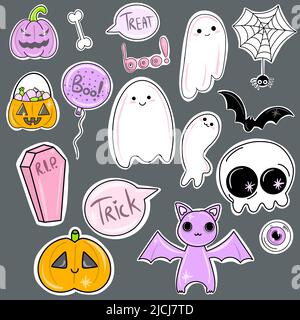 Vector großes Set von niedlichen halloween Sticker. Geister, Totenkopf, Sarg, Kürbis für Urlaubsgestaltung. Stock Vektor
