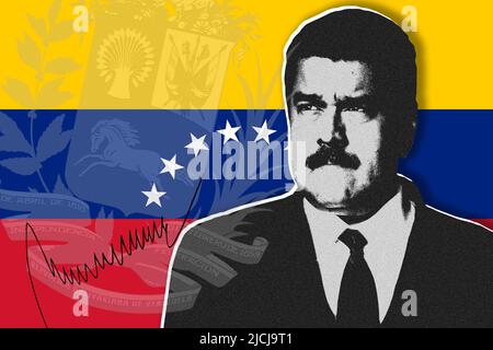 Nicolás Maduro, Venezuela Flagge, Wappen und Unterschrift Stockfoto