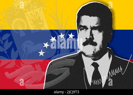 Nicolás Maduro, Venezuela Flagge, Wappen und Unterschrift Stockfoto