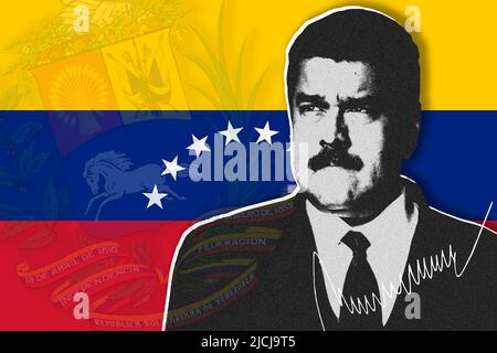 Nicolás Maduro, Venezuela Flagge, Wappen und Unterschrift Stockfoto