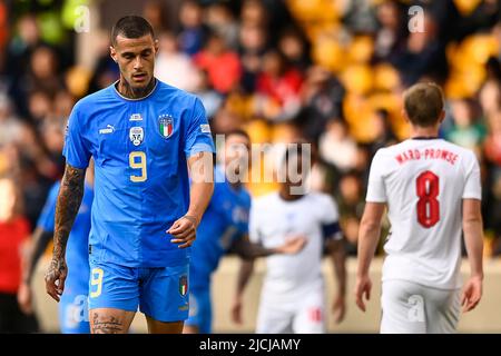 Foto LaPresse - Fabio Ferrari11 Giugno 2022 Wolverhampton, Regno Uneto Sport Calcio Inghilterra vs Italia - UEFA Nations League - Gruppo C Giornata 3/6 - Stadio Molineux. Nella foto:Gianluca Scamacca (Italien) Photo LaPresse - Fabio Ferrari Juni, 11 2022 Wolverhampton, Vereinigtes Königreich Sportfußball England gegen Italien - UEFA Nations League - Gruppe C 3/6 - Molineux Stadium. Im Bild:Gianluca Scamacca (Italien) Stockfoto