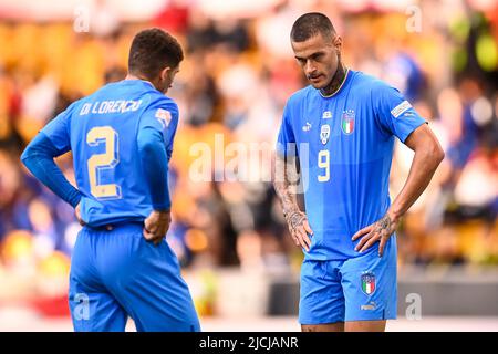 Foto LaPresse - Fabio Ferrari11 Giugno 2022 Wolverhampton, Regno Uneto Sport Calcio Inghilterra vs Italia - UEFA Nations League - Gruppo C Giornata 3/6 - Stadio Molineux. Nella foto:Gianluca Scamacca (Italien) Photo LaPresse - Fabio Ferrari Juni, 11 2022 Wolverhampton, Vereinigtes Königreich Sportfußball England gegen Italien - UEFA Nations League - Gruppe C 3/6 - Molineux Stadium. Im Bild:Gianluca Scamacca (Italien) Stockfoto