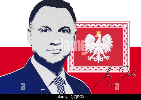 Andrzej Duda, Flagge Polens, Wappen und Unterschrift Stockfoto