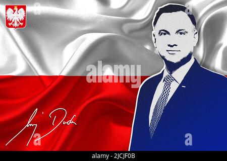 Andrzej Duda, Flagge Polens, Wappen und Unterschrift Stockfoto