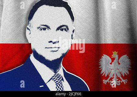 Andrzej Duda, Flagge und Wappen Polens Stockfoto