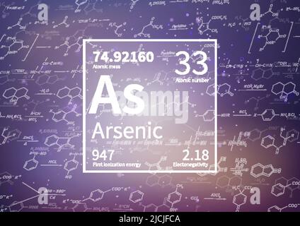 Arsen-chemisches Element mit erster Ionisationsenergie, atomarer Masse und Elektronegativität auf wissenschaftlichem Hintergrund Stock Vektor