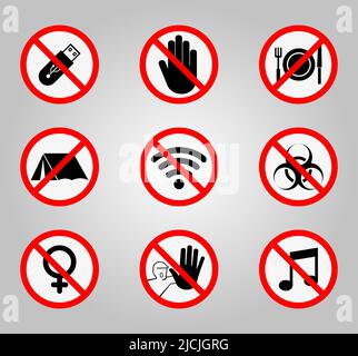 Verbotsschilder und verschiedene Warnzeichen Symbol Symbol Zeichen isolieren auf weißem Hintergrund, Vektor-Illustration Stock Vektor
