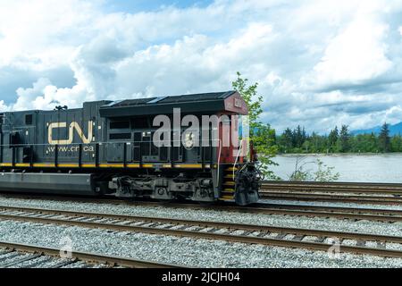 Canadian National Railway Güterzug, der auf dem ländlichen Gebiet unterwegs ist. Stockfoto