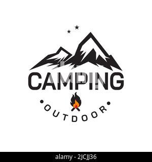 Mountain Camping Logo Design, Berggipfel, Lagerfeuer-Ikone Stock Vektor