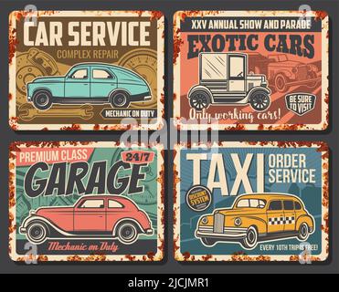 Auto Reparatur und Restaurierung Service rostigen Metallplatten. Auto Mechaniker Garagenstation, Taxi bestellen Service, exotische oder Retro-Autos zeigen und Parade Banner. Oldtimer, Retro-Limousine und Taxi-Taxi-Vektor Stock Vektor