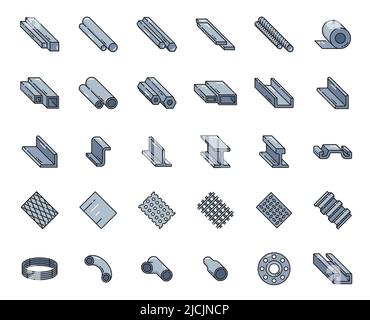 Farbstahl und Aluminium gewalztes Metall, Edelstahl Profil Umrisssymbole. Vector Rohre, Rohre, Stäbe und Balken, Drahtgitter und Gitter, Winkel, Quadrat und rebar, Stahlstreifen und Blechrollen Stock Vektor