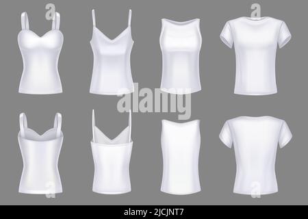 Damen T-Shirt weiß Nachbau Vorderansicht hinten. Unbeschriftete Schablone weibliche Kleidung, 3D Set realistische Vektor isolierte Illustration, kurze Ärmel und Riemen oben, Bustier mit Tassen Stock Vektor