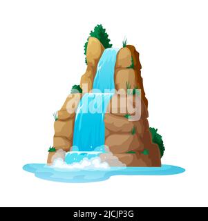 Fluss fällt von der Klippe, Streaming Wasserfall Spiel Asset Element. Vektor-Spritzwasser aus felsigen Hügeln, tropisches Wasser Kaskade Landschaft Landschaft Stock Vektor