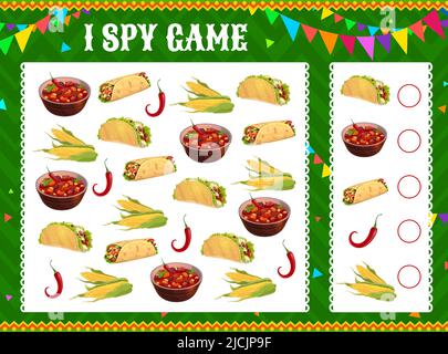Ich spioniere Spiel Arbeitsblatt mexikanischen Essen. Kids Vektor pädagogisches Puzzle mit tex mex tacos, Burrito, Bohnensuppe und Mais mit rotem Jalapeno Pfeffer, Kindergarten Vorschule Rätsel Aufgabe Stock Vektor
