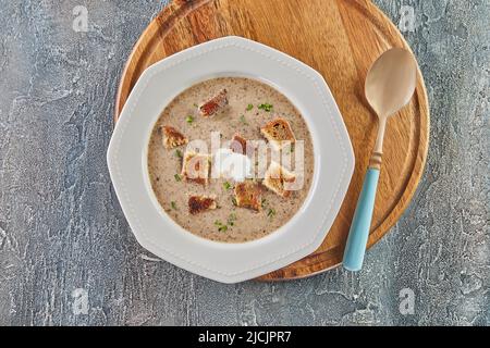 Suppe mit fünf verschiedenen Pilzsorten. Champignons, Wildpilze, Portobello-Pilze, Getrocknete Schwarze Chinesische Pilze, Getrocknete Wildpilze Stockfoto